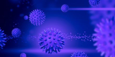 Samples of covid-19 virus close-up on a blue background.  macro shot of  behavior of the virus in  blood of infected patient. Copy space