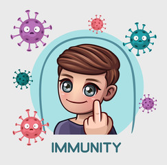 Men under protection of immunity shows middle finger. Vector illustration