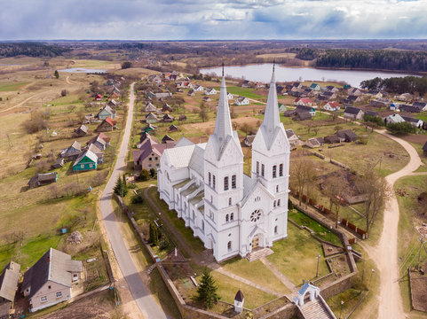 The aerial view of thr Catholic church in Slobodka, Braslav, Belarus