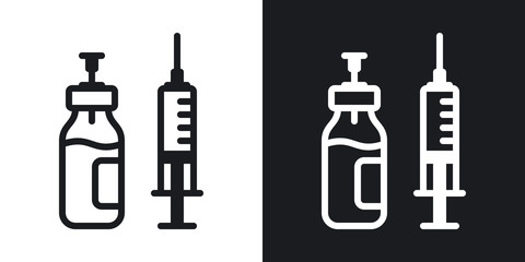 Vaccine bottle with syringe icon. Medical injection or vaccination concept. Simple two-tone vector illustration on black and white background