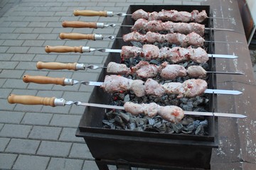 Cooking meat on coals. The meat is put on skewers and fried on the grill outside.