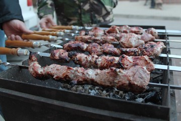 Cooking meat on coals. The meat is put on skewers and fried on the grill.