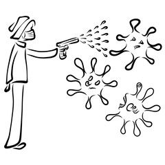 man in a medical mask destroys germs from a pistol