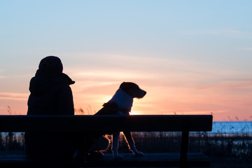 Silhouette portrait of the woman and her dog sitting on the bench in the beach and enjoying the setting sun on the sea
