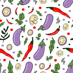 Vegetables illustration: eggplant, red chilli pepper, mushroom, herbs. Vector seamless pattern. Vegetarian healthy food. Vegan, farm, organic, natural background.