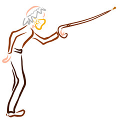 old man in a medical mask threatens someone with a crutch or points to something