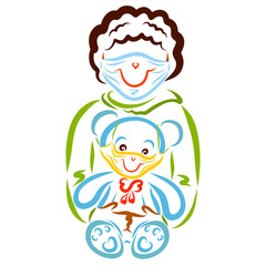 baby and bear in smiling medical masks