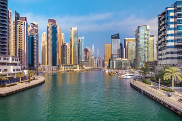 Naklejka premium Amazing Dubai Marina skyline at sunset, United Arab Emirates