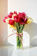 Tulip flowers in vase. Greeting for Birthday, Womans or Mothers Day