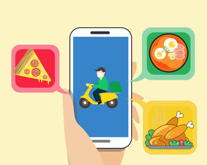 Social Distancing with COVID-19 crisis concept: There are big white smart phone in right hand, man wears face mask. He rides a motorbike to delivery. Cartoon vector style for your design