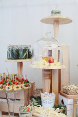 Beautifully decorated catering banquet table with different food snacks and appetizers with sandwich, caviar, fresh fruits on corporate christmas birthday party event or wedding celebration