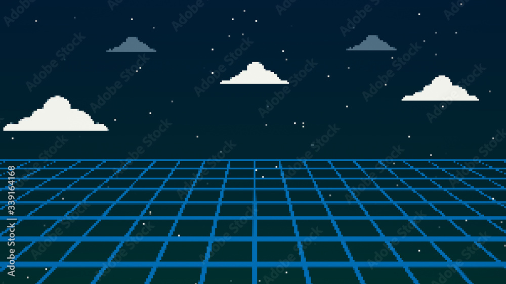Wall mural retro cyberpunk style 80s game scene pixel art 8-bit sci-fi background. futuristic with laser grid l