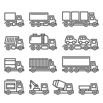 Commercial Van and Truck Icons Set on White Background. Line Style Vector