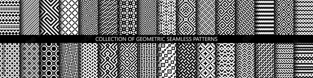 Aufkleber Vector set of black and white ornamental seamless patterns. Collection of geometric modern patterns. Patterns added to the swatch panel.
