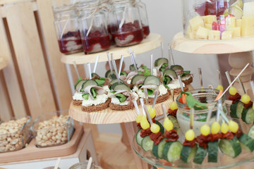 catering services background with snacks on guests table in restaurant at event party