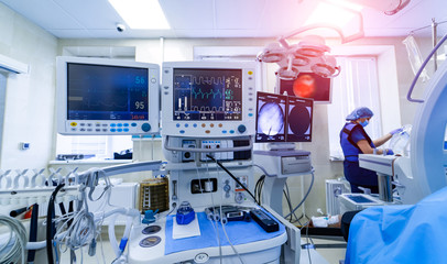 Modern equipment in operating room. Medical devices for neurosurgery. Background. Operating theatre. Selective focus.