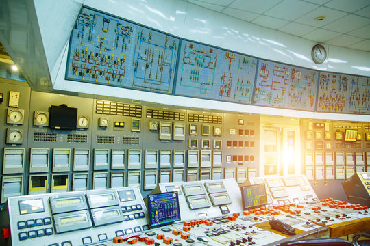 Electrical control panel with buttons and levers. Nuclear power.