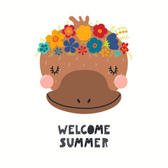 Hand drawn vector illustration of a cute platypus face in a flower crown, with lettering quote Welcome Summer. Isolated objects on white. Scandinavian style flat design. Concept for children print.