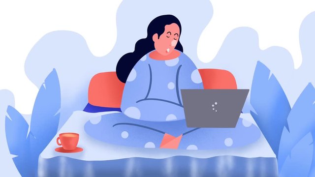 Work at home, sleeply women sit on bed  and work on laptop wearing sleepwear ,corona or covid-19 virus protection concept, overcome virus outbreak,virus protection concept on white background,isolate 
