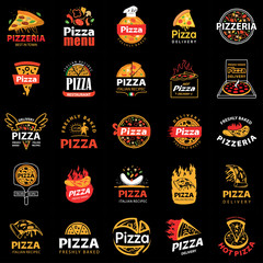 Naklejka premium Vector collection of Pizza emblems, badges, elements and icons. Pizzeria cafe, restaurant or delivery logo templates. Food icons set on blackboard.