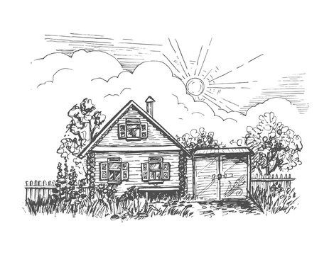 Vector sketch of a rustic log house with a garden and a gate under the sun drawn by hand