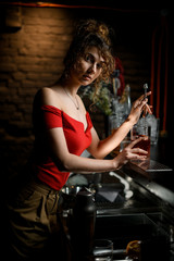 Obraz na płótnie Canvas Beautiful young woman at bar mixed cocktail by long bar spoon.