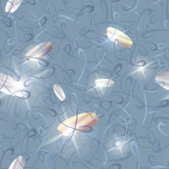 Vector seamless pattern with shiny coins and beautifully curved lines on a blue background.