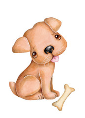 Watercolor hand drawn cute little pup, dog, toy cartoon animal. Isolated.