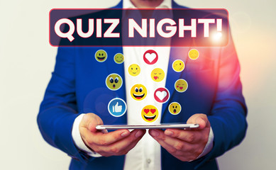 Text sign showing Quiz Night. Business photo showcasing evening test knowledge competition between...