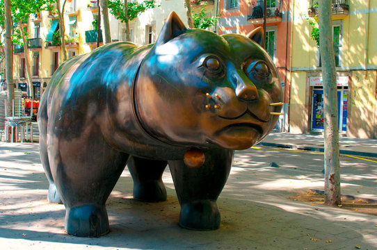 BARCELONA, SPAIN - JUNE 16, 2014. The sculpture "El Gato de Botero"  in the El Raval district of Barcelona