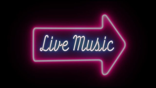 Glowing Neon pink and blue signage graphic with flicker of an arrow and the text "Live Music"