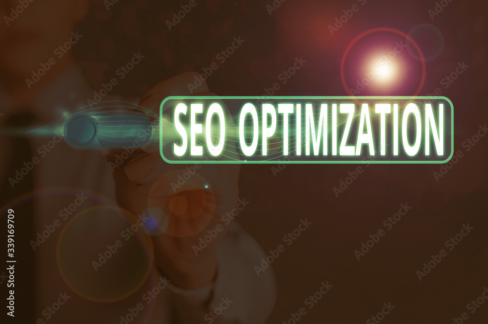 Poster writing note showing seo optimization. business concept for increasing visibility of a website or a 