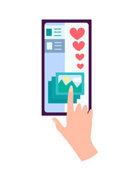 Hand holding smartphone with heart emoji message on screen, like button. Social network and mobile device. Graphics for websites, web banners. Flat design vector illustration