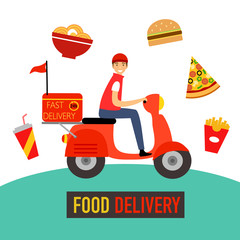 Smiling young man riding red scooter to deliver food to customer. Food delivery service concept vector illustration. Uber eat, grab food, fast food for landing page, web, app, poster.