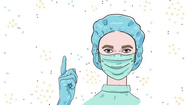 Video of a girl paramedic points to the inscription Stay home. Coronavirus precautionary vector animation. Color animation on a white background.
