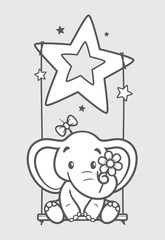 Vector black line sitting baby elephant on a swing. Holding flower. Light grey background.