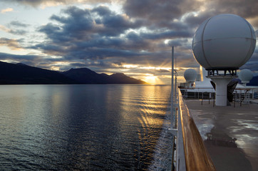 Sunrise or twilight over Beagle Channel in Patagonia between Argentina and Chile from cruiseship or...