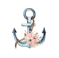 Watercolor floral illustration collection - flower and green leaf branches bouquets collection, anchor with rope, for wedding invite, greetings, wallpapers, fashion. Watercolor flowers, anchor. © Olesya Frolova
