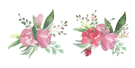 Watercolor floral illustration collection - flower and green leaf branches bouquets collection, for wedding invite, greetings, wallpapers, fashion. Watercolor flowers. 