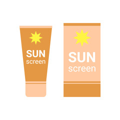Sunscreen bottle. Sunblock moisturizer lotion cream. Suncream protection cosmetic tube uv, solar care product mockup. Vector illustration