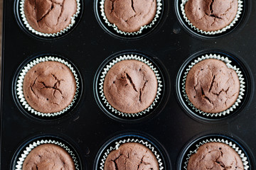 Chocolate cupcakes. Homemade chocolate muffins. The process of making homemade chocolate cupcakes with whipped cream and decorated with chocolate and raspberry pieces.