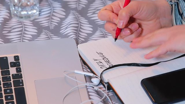 Self-isolation house COVID 19. Right-handed student faculty of neuropsychology takes a note in daily schedule. Many occupations that require creative thinking, perceptiveness. Home office COVID-19.