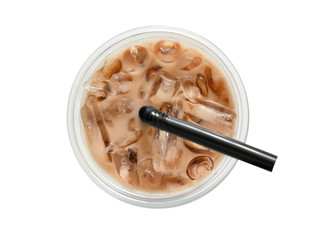 Iced chocolate with straw in takeaway cup isolated on white background