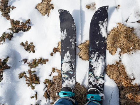 Top view of person on splitboard on snow. Sport equipment for ski touring