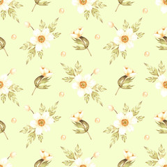 Watercolor seamless pattern with the image of tender buttercups on a green background. The illustrations are hand drawn. Design for printing postcards, invitations, wrapping paper, clothes, bedding