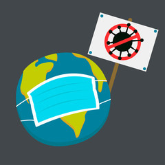 planet earth in a protective mask holding a sign against coronavirus