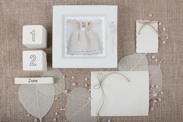 Calendar. June 12th. Wood cube calendar with date of month and day. Newborn postcard concept for...