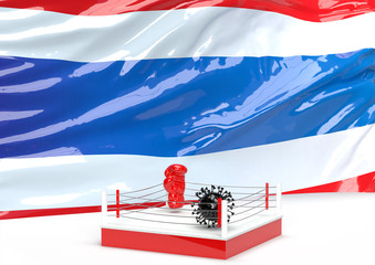 3d Boxing glove and 3d coronavirus covid19 are getting ready to fight in boxing ring with Thailand flag waving in the background simulating the fight with global pandemic