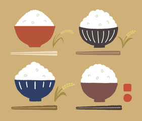 茶碗とご飯とお箸と稲色々カラー