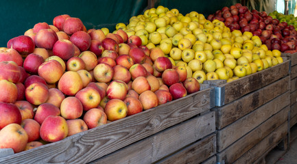 Red and green apples on the market counter. Apples in wooden boxes on the grocery shelf. Close up.